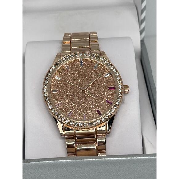 Gold Tone Glitter Dial Bracelet Watch Baguette Crystal Indicies Gift For Her NEW main image 6